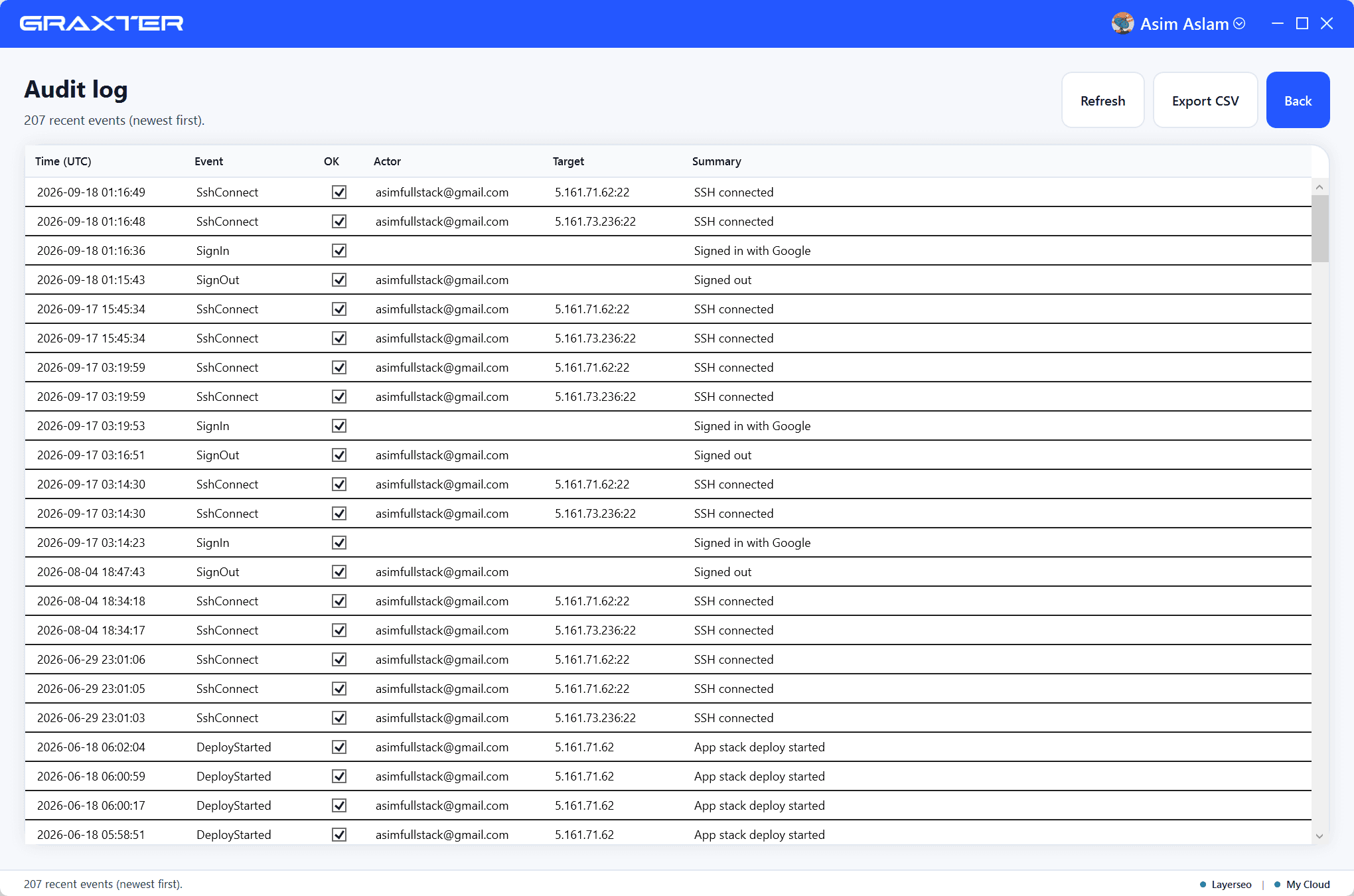 Graxter audit log with exportable SSH and sign in events
