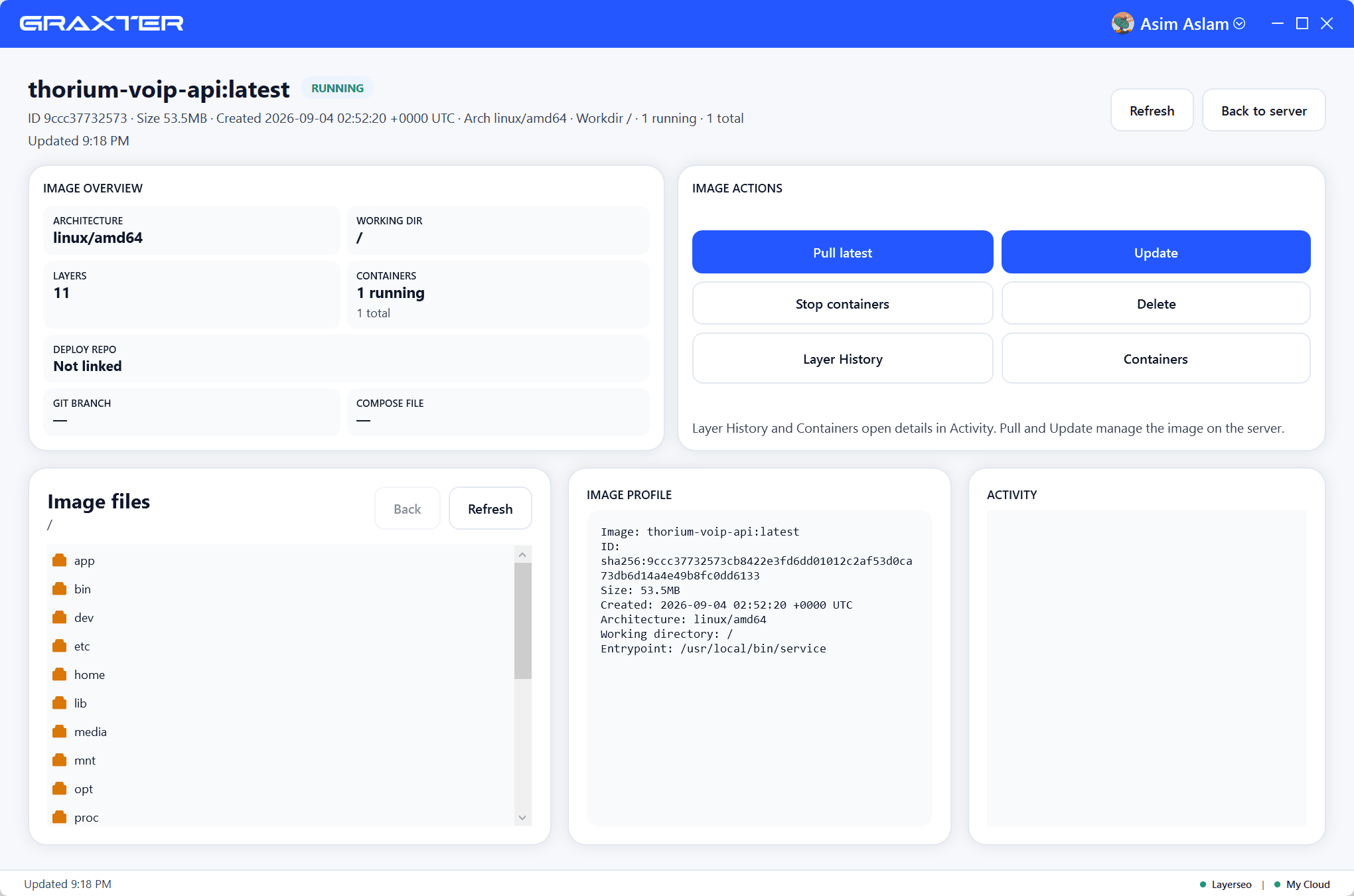 Graxter image detail with overview, actions, filesystem, and profile