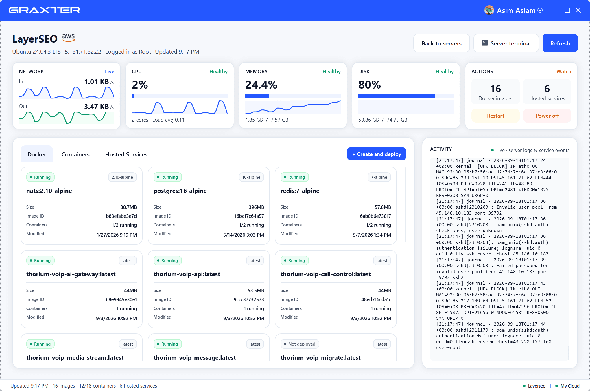 Graxter server workspace with live metrics, Docker images, and activity feed